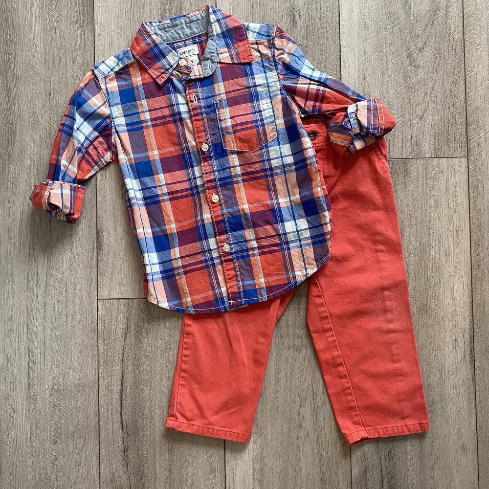 Carter's Toddler Boy Outfit Set Orange Chico Pants 24M Blue Plaid Long Sleeve 2t
